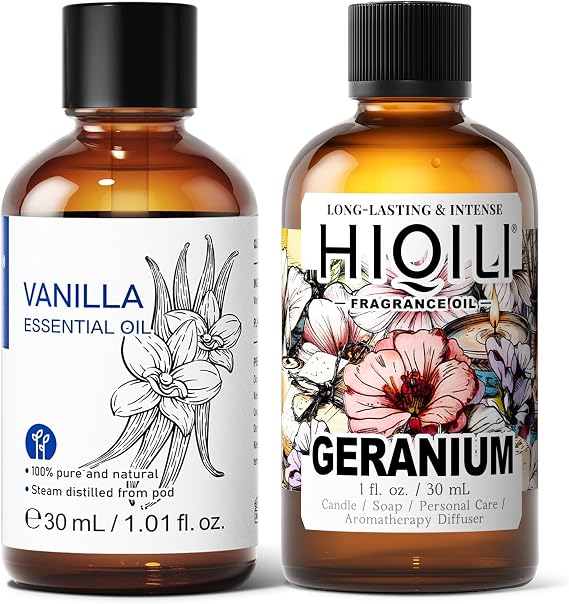 HIQILI 30ML Vanilla Essential Oil & 30ML Geranium Fragrance Oil, for DIY, Diffuser