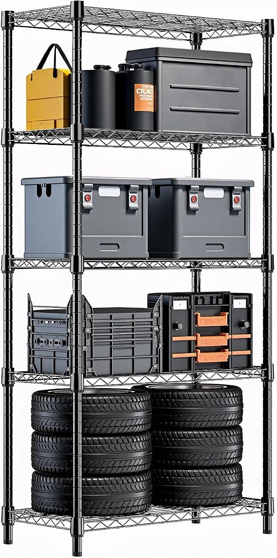 Black 1250 lbs Storage Shelving Utility Shelving Unit 5-Tier Utility Shelving Unit Steel Organizer Wire Rack for Home,Kitchen,Office (13.7" D x 23.6" W x 62.4" H)