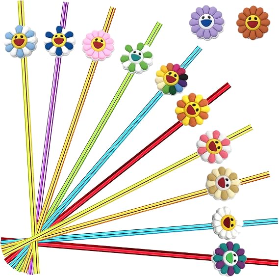 36pcs Sunflower Reusable Drink Cocktail Straws with 12 Design Smile Face Sunflower Decoration Party Supplies Birthday Party Favors with 2 Cleaning Brushes 6 Colors Straws