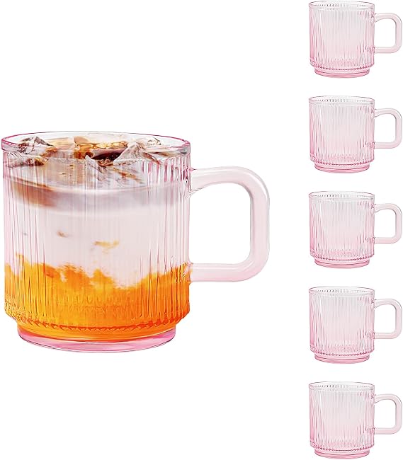 Glass Coffee Mugs 6 Pack - 340 ml Pink Coffee Cups with Handles - Classic Vertical Stripes Transparent Tea Cup Set for Hot Cold Beverages