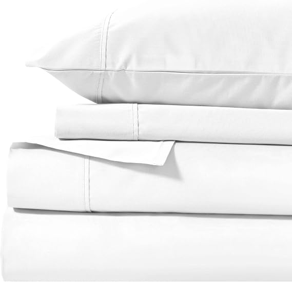 Superior 1000 Thread Count Cotton Rich Bed Sheet Set, Cotton Blend Bedding, Solid Sheets, Bedroom Decor, Includes 1 Flat Sheet, 1 Elastic Deep Pocket Fitted Sheet, 2 Pillowcases, Queen, White
