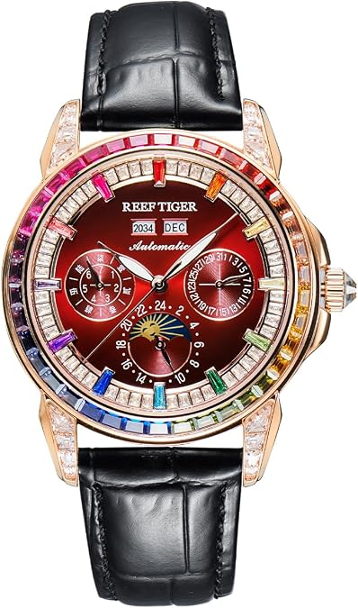 REEF TIGER Luxury Crystal Bezel Moonphase Complete Calendar Mechanical Automatic Watch for Men Luminous Leather Strap Classic Watch RGA1988