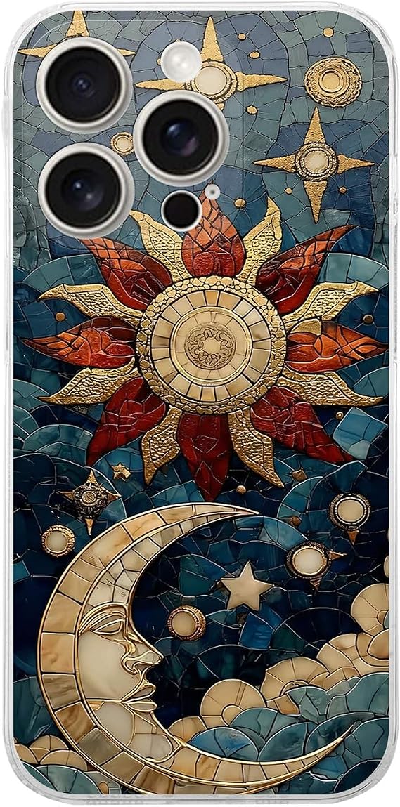 PrintiFy iPhone 15 Pro Max ile Uyumlu Vitray Sol ve Luna Tasarımlı Şeffaf Silikon Kılıf