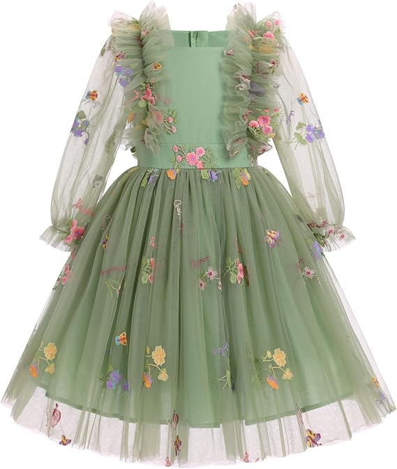 IMEKIS Toddler Kids Girls Tulle Dress Embroidery Floral Confetti Tutu Formal Birthday Party Long Sleeve Dresses 3-8T