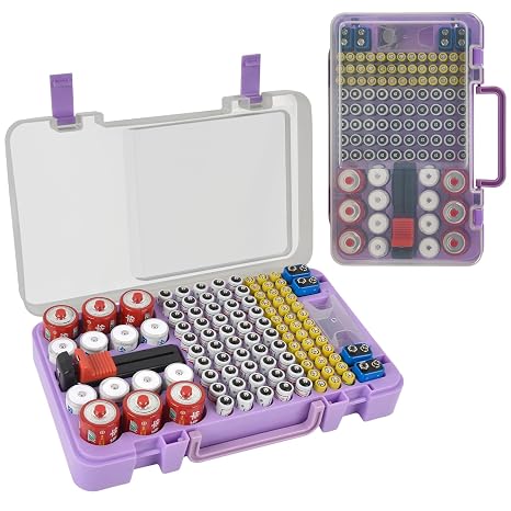 Xuerdon Battery Organizer Storage Case with Tester, 120+ Slots for Home | Hard Plastic for AA AAA C D 9V and Coin Cells, Wall-Mount/Drawer, Home Battery Managemt, Purple, Batteries Not Included