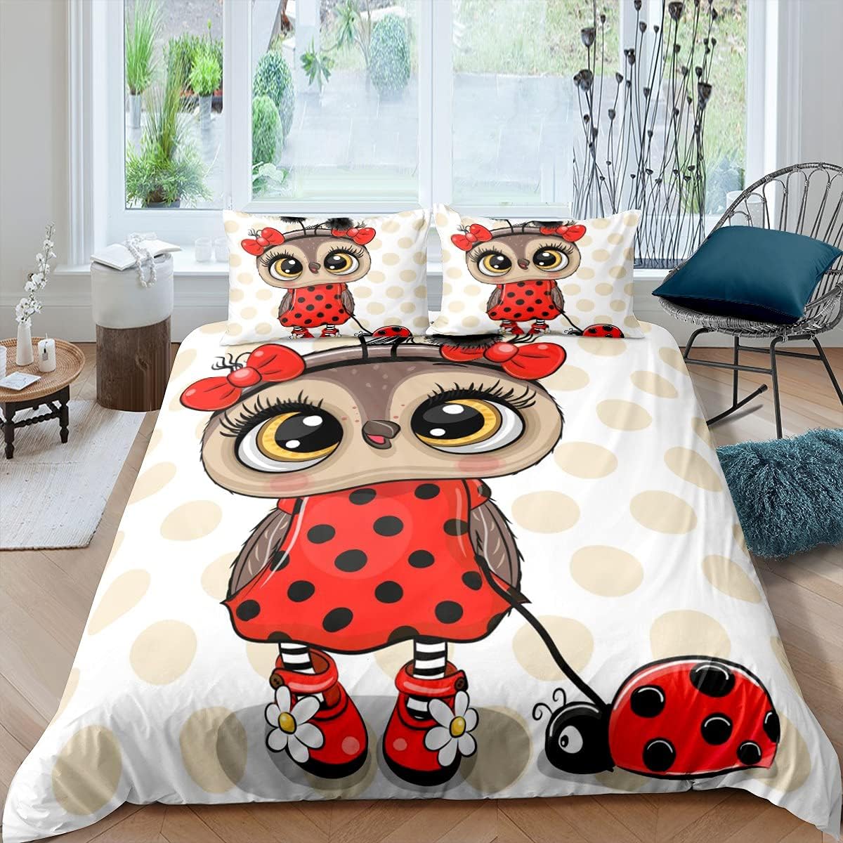 Animal Bedding Set Super King Size, Lovely Owl Cartoon Ladybug Insect Bedspread with 2 Pillowcase for Teens Adults, Breathable 3 Pieces Decorative Bed Cover,Red White