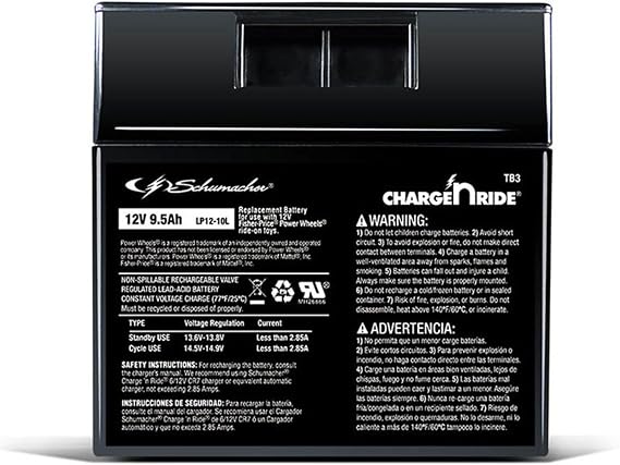 Schumacher Electric 12V Battery for Ride on Toys - TB3 12V 9.5 Amp Hours & Replaceable Fuse - Rechargeable 12V Ride On Replacement Battery for Fisher-Price Power Wheels Vehicles - Safe & Easy to Use