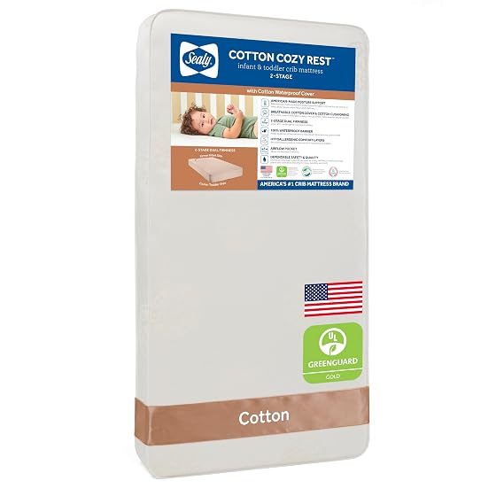 Sealy Baby Cotton Cozy Rest Breathable 2 Stage Waterproof Crib Mattress plus Toddler Bed Fit, 204 Coils & Soft Coton Cover, GREENGUARD Gold Certified, Safety & Quality Tested, Made in USA, 52"X28"