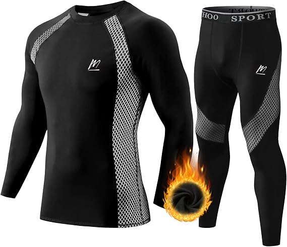 Men's Thermal Underwear Set Sport Long Johns Base Layer Bottom Top for Skiing Running Dark Black