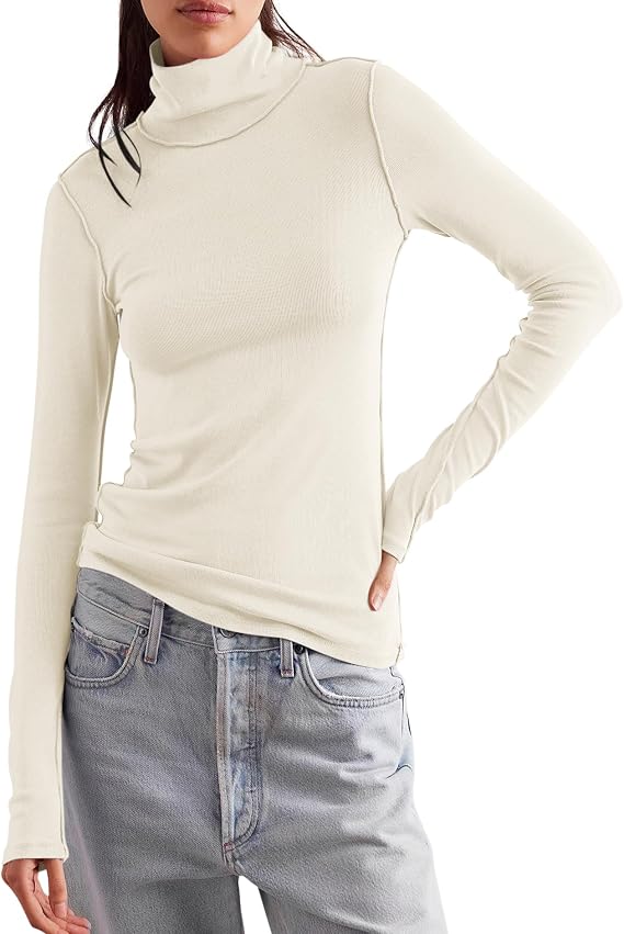 Ugerlov Women's Turtleneck Long Sleeve Shirts Fall Winter Basic Fitted Tops Slim Fit Layering Thermal Underwear Tops, Apricot L