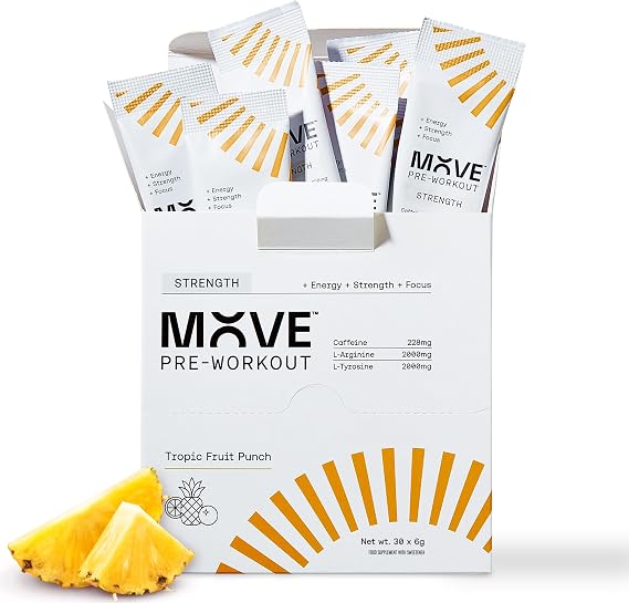 MOVE Pre Workout Powder Sachets - Strength Formula for Men & Women - Energy Drink Powder Beta Alanine Free -Preworkout with L-Arginine Informed Sport Certified 30 Servings Tropic Fruit Punch