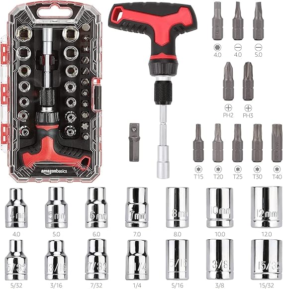 Amazon Basics 27-Piece Ratchet Screwdriver and Socket Set, Light-Duty T-Handle with Magnetic Bit Holder, Cr-V Steel, for Household DIY, Electronics and Appliance Repair, Compact Tool wit Hard Case