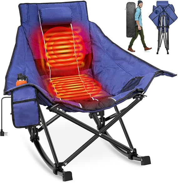 Suteck Heated Rocking Camping Chair, Fully Thicker Padded Heated Camping Chairs for Outdoor Sports W/3 Heat Levels for Back & Seat, Heated Rocking Chair for Adults with Carry Bag, Battery NOT Included