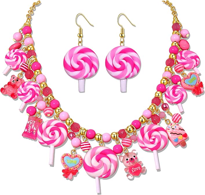 Candy Necklace Earrings for Women Christmas Candy Cane Necklace Lollipop Earrings Candy Costume Accessories Halloween Christmas Outfits Birthday Party Favors Holiday Gifts
