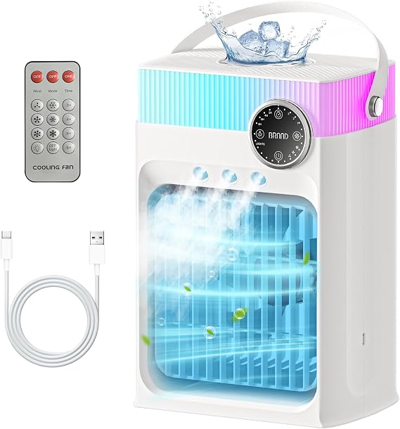 Portable Air Conditioners, Mini AC Unit Cooling Fan for Bedroom,1200ML Small Air Cooler Fans with Remote, 3 Mist,3 Speed,8 Light,2-8H Timer Personal AC Portable for Office Camping Car Desk (White)