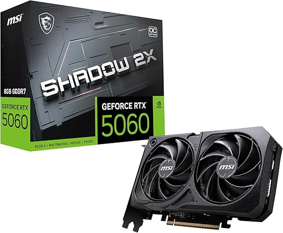MSI GeForce RTX 5060 8G Shadow 2X OC Graphics Card, 8GB GDDR7 (28Gbps/128-bit), PCIe 5.0, Dual-Fan Thermal Design (2x Torx 5.0), HDMI 2.1b, DP 2.1b