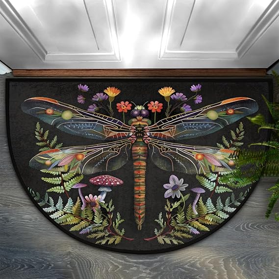 Dragonfly Half Round Doormat Washable Semi Circle Rug Kitchen Outdoor Rugs