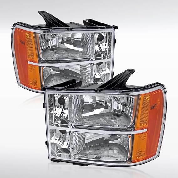 Autozensation Compatible with 2007-2013 GMC Sierra 1500/ 1500HD/2500HD/3500HD Chrome Headlights Amber L + R Pair Headlamp