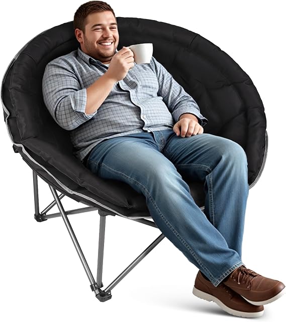 Oversized XXL Folding Round Camping Chair,Super Comfy Padded Moon Camp Chairs,Heavy Duty Supports 440 Lbs Outdoor Lawn Chairs for Adults,Perfect for Indoor,Family Camping,Picnics and Garden,Black