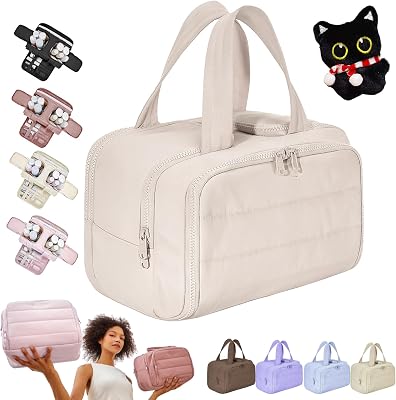 Portable Toiletry Bag, Large Capacity Wide-Open Travel Cosmetic Bag, 0.6lb Lightweight Toiletry Bag for Women, Waterproof & Wide Opening Toiletry Organizer for Traveling, Toiletries Beige