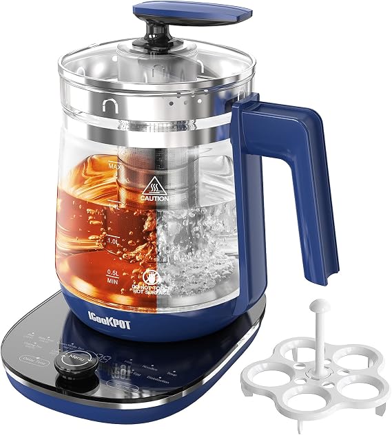 Hot Glass Electric Kettle with Tea Infuser and Temp Control, 1.5L Stainless Steel Maker & 1200W Rapid Boiling, Programmable for Teas & Coffee, Blue