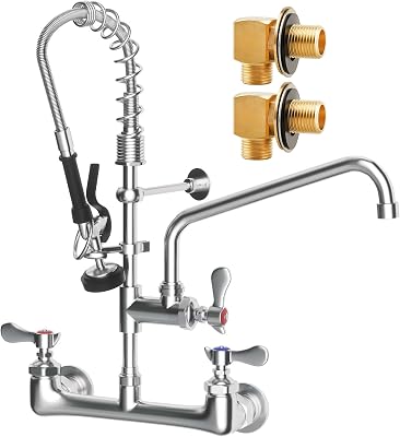 25 Height Commercial Faucet with Sprayer, Brass Chrome Wall Mount Restaurant Kitchen Sink Faucet, 8 Adjustable Center, 12 Add-on Swing Spout & 18 Hose, Right Angle Mounting Kit