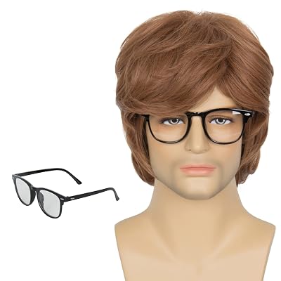 Miss U Hair Mens Short Brown Wig with Glasses Male Cosplay Halloween Party Costume Wig