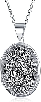 Bling Jewelry Customizable Vintage Style Oxidized .925 Sterling Silver Embossed Scroll Floral Sunflower Photo Lockets Necklace Pendant for Women Holds Pictures Round Oval Design
