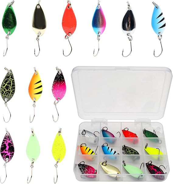 Fishing Spoon Lures Colorful Spinner Hard Baits Single Hook Metal Design | Fishing spoon lure set with colorful metal baits and single hooks, spinner design for trout bass salmon freshwater saltwater