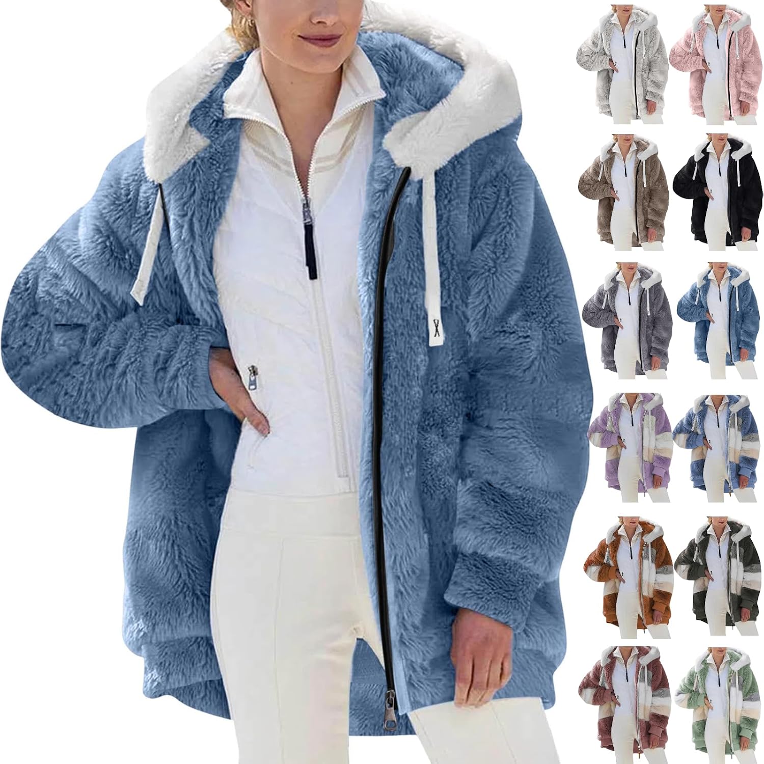 Sherpa Lined Jacket Women Casual Plus Size Fuzzy Fleece Jackets Zip Up Oversized Long Sleeve Warm Winter Coats With Hood
