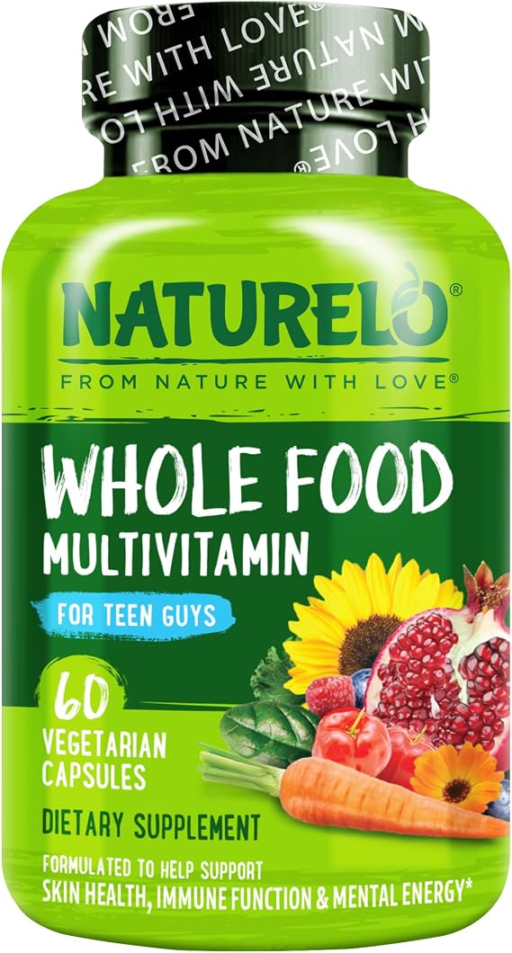 NATURELO Teen Multivitamin - Whole Food Multivitamin for Teenage Boys - Minerals Supplement for Active Kids - with Plant Extracts - Non-GMO - Vegan & Vegetarian - 60 Capsules