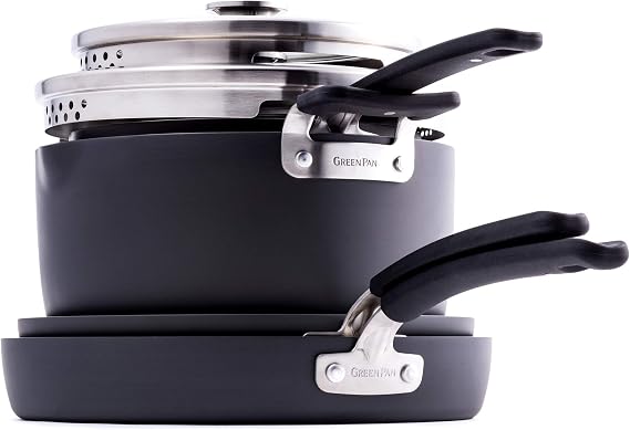 GreenPan Levels Stackable Hard Anodized Healthy Ceramic Nonstick, 6 Piece Cookware Pots and Pans Set, PFAS-Free, Dishwasher Safe, Black