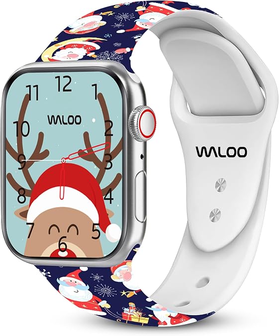WALOO Adjustable Christmas Pattern Silicone Replacement Watch Band Compatible With Your Apple Watch Series 10/9/8/7/6/5/4/3/2/1/SE/Ultra Fits Sizes 38mm, 40mm, 41mm, 42mm, 44mm, 45mm, 46mm, 49mm