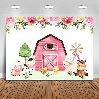 Mocsicka Cartoon Farm Animals Birthday Backdrop for Kids 7x5ft Pink Farm House Barnyard Baby Shower Party Decorations Floral Photography Background