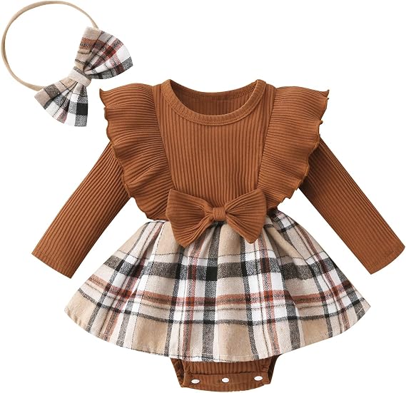 Madjtlqy Newborn Baby Girl Fall Winter Outfit Set Plaid Romper Dress Ruffles Long Sleeve Clothes Jumpsuit with Bow Headband