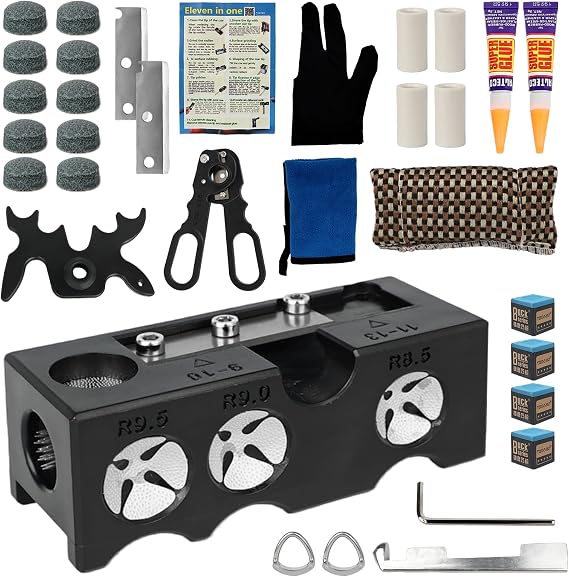 11-in-1 Pool Cue Tip Shaper & Repair Tool Kit with 13mm Cue Tips, Billiards Cue Stick Maintenance Set with Ferrules & Chalks (Portable)