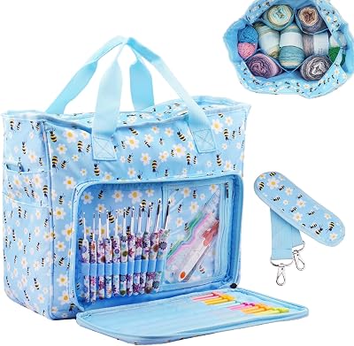 Mdoker Knitting Bags and Totes Organizers Large Crochet Bag Lightweight Yarn Bags for Travel Yarn Storage Organizers for Crochet Hooks,Yarn,Knitting & Crochet SuppliesBlue Bee