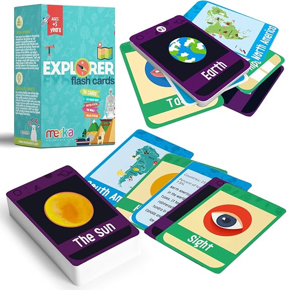 merka Science Flash Cards for Kids - 90-Count Multicolor Waterproof Deck - Solar System Facts & Planet Cards for Kids & Human Anatomy & Geography Facts - Homeschool Science Supplies