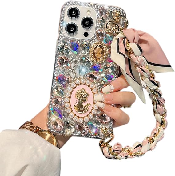 Compatible for iPhone 14 Pro Max Glitter Bling Case, Cute Luxury 3D Crystal Queen Rhinestone Full Diamond with Silk Scarf Wristband Chain Women Girls Case Cover for iPhone 14 Pro Max 6.7"