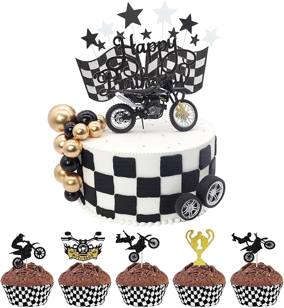 BiBo Dirt Bike Cake Topper, 31 PCS Motorcycle Birthday Party Decorations, Dirtbike Cupcake Toppers for Motocross Race Car Theme Birthday Party Decor Supplies Black