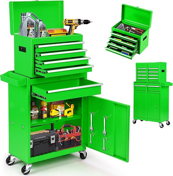 5-Drawer Rolling Tool Chest 2-in-1 Lockable Tool Box with Wheels, Sliding Drawers & Detachable Top Garage & Workshop Storage Cabinet, Green