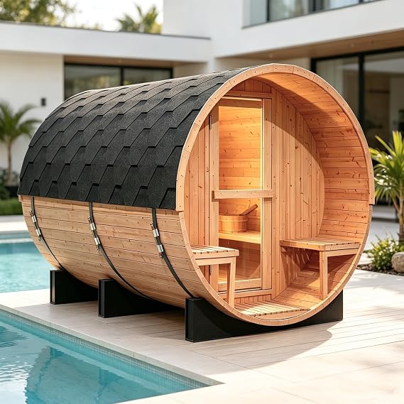 Barrel Steam Sauna Room with Porch, 6-8 People Canadian Red Cedar Outdoor Sauna, ETL TOULE 6KW Stove with Stone, Asphalt Shingles, Rugged Base(0-195F)