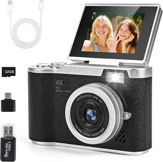 Digital Camera 1080P Camera 48MP Camera Portable Compact Camera with 180° Flip 2.4 Inch Screen 8X Digital Zoom Compact Camera 32GB TF Card for Children Teenagers Student Beginners (Black)