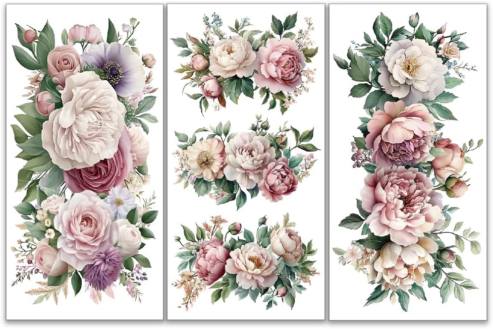 OLYCRAFT 3pcsSet Blooming Flower Rub on Transfers for Furniture and Crafts 6x12 inch Rose Peonies Furniture Decals Floral Transfer Stickers Rub on Decals for Wood Window Home Decor