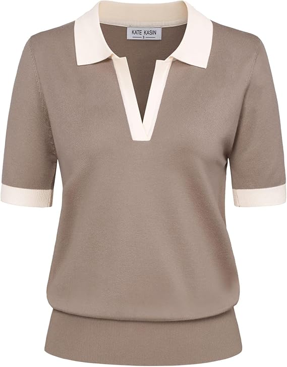 Women's Short Sleeve Classic V Neck Collared Casual Polo Sweater Tops | Basic Lightweght Knitted Fashion Work Business Formal Daily Wear Versatile Pullover Shirts