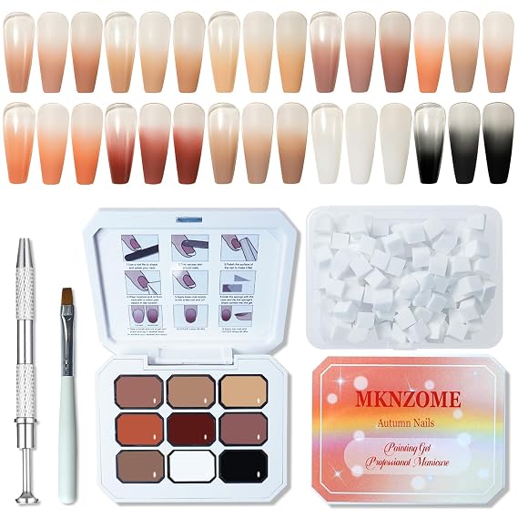 9 Colors Painting Gel, Patting Gel Nail Polish Palette Fall Orange Yellow Brown White Black Blooming Aura Nails with Nail Sponges for Ombre, Grabbing Pen, Brush for Autumn Spring Manicure