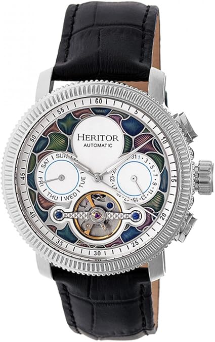 HERITOR Aura Automatic Watch for Men 44mm Men's Skeleton Watch with Jeweled Automatic Movement, 316L Stainless Steel Case, Sapphire-Coated Mineral Crystal, Leather Strap (HERHR3501)