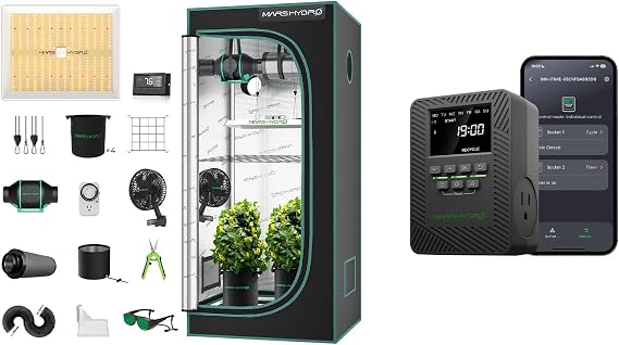 MARS HYDRO 3x3 Grow Tent Kit with Temperature Humidity Controller and ITime 2-in-1 Smart Timer Outlet Dual Outlet App Control Custom Programmable 12 On/Off for Home Office and Plant Growth Use