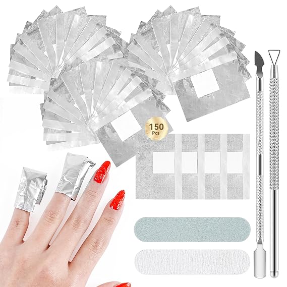JODSONE Nail Gel Remover Foil Wraps Kit 150PCS, Soak Off Gel Polish Remover Foils with Built-in Cotton Pads, Includes 2 Nail Pushers & 2 Nail Strips for Home and Salon Use
