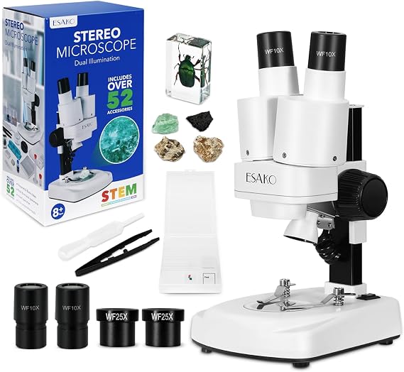 ESAKO Dual LED Kids Microscope - 52+ Piece Science Kit with Mineral & Insect Specimens, 10 Prepared Slides & 10 DIY Blank Slides, Microscope kit for Kids 8-12